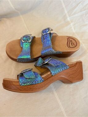 Dansko Sophie Blue and Green Sparkle Sandals